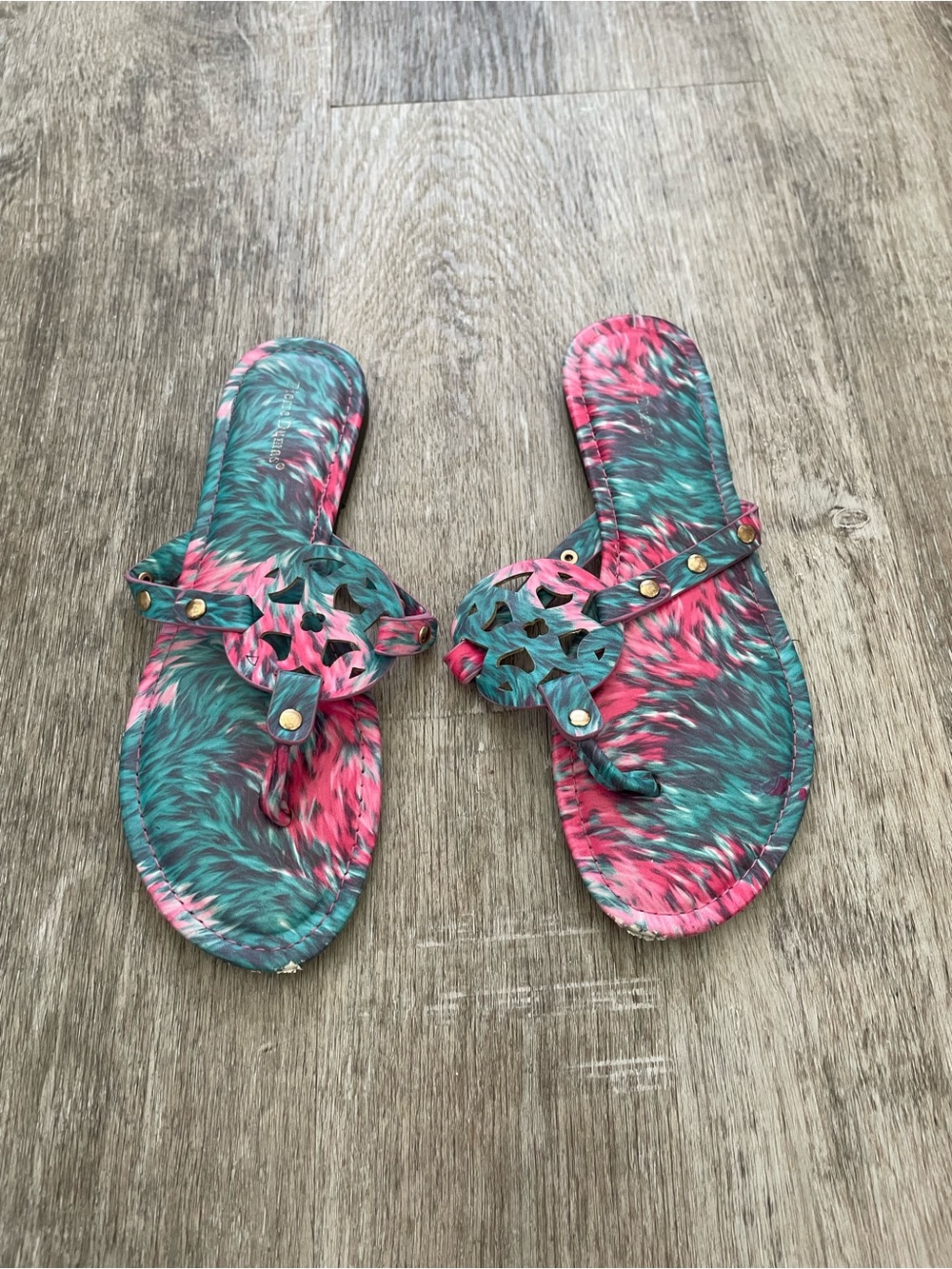 Pierre Dumas Pink & Teal Patterned Slide Sandals